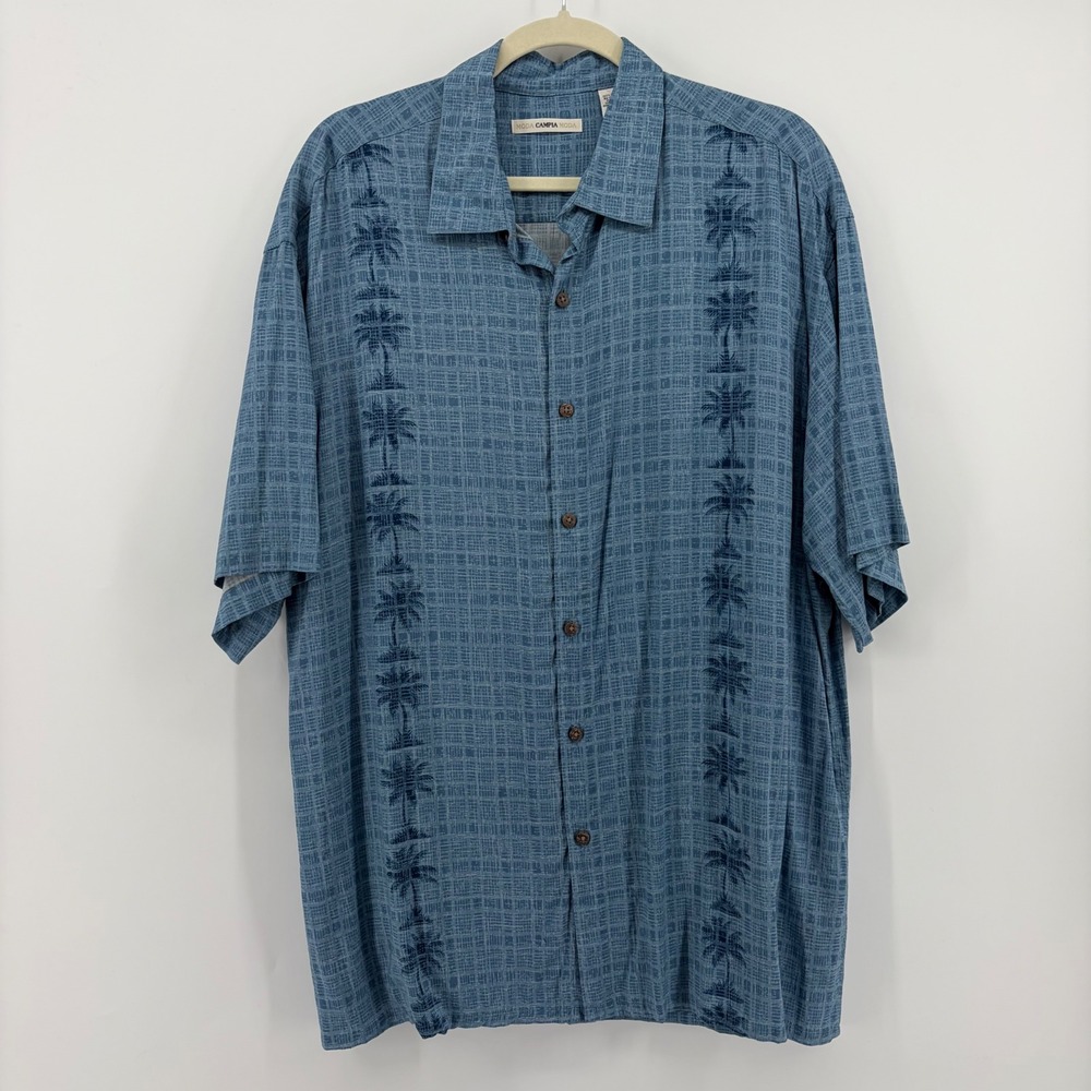 Moda‎ Campia Moda Mens XL Blue Button Down Shirt Palm Tree Rayon Short Sleeve